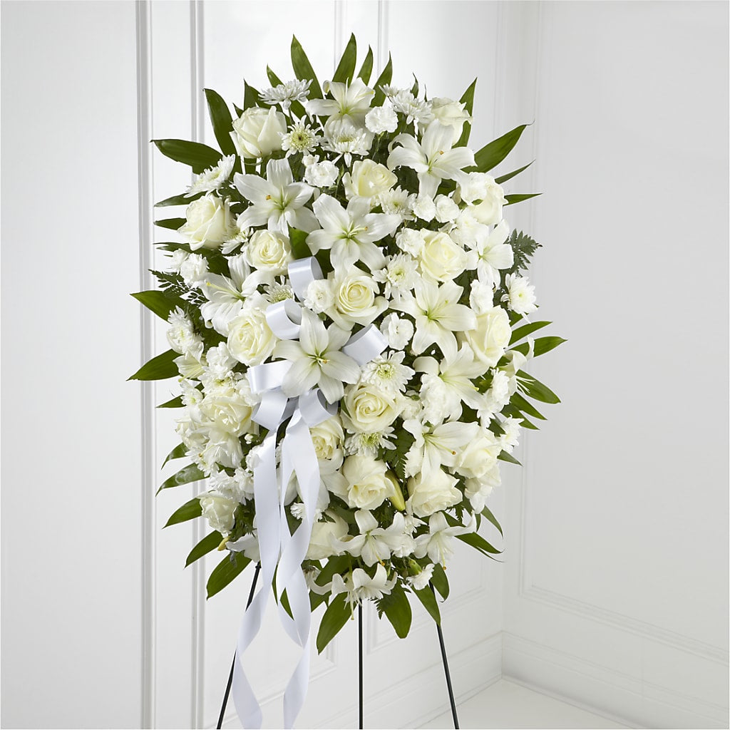 Exquisite Tribute Standing Spray-White Ribbon – CHET & LEONA'S FLORAL SHOP, Milwaukee WI