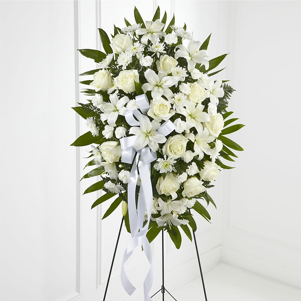 Exquisite Tribute Standing Spray-White Ribbon – CHET & LEONA'S FLORAL SHOP, Milwaukee WI